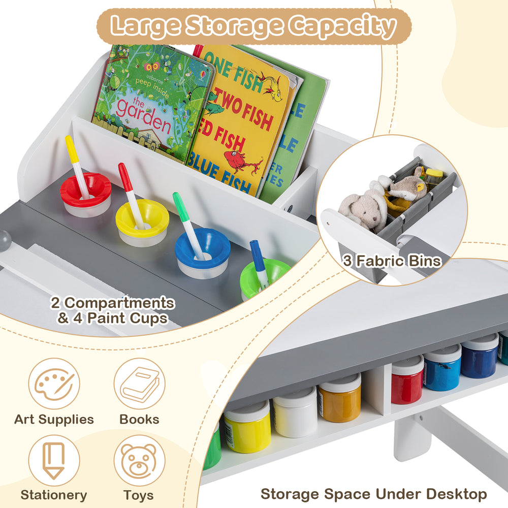 Kids art table with gray finish, featuring storage bins and paint cups, perfect for drawing and studying activities.