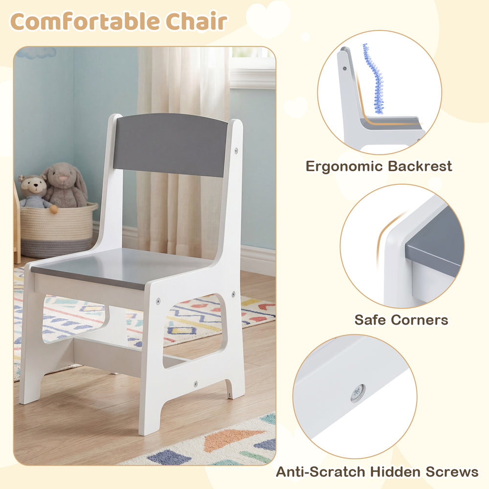 Kids art chair in gray with ergonomic backrest and safe corners, perfect for drawing and studying activities.