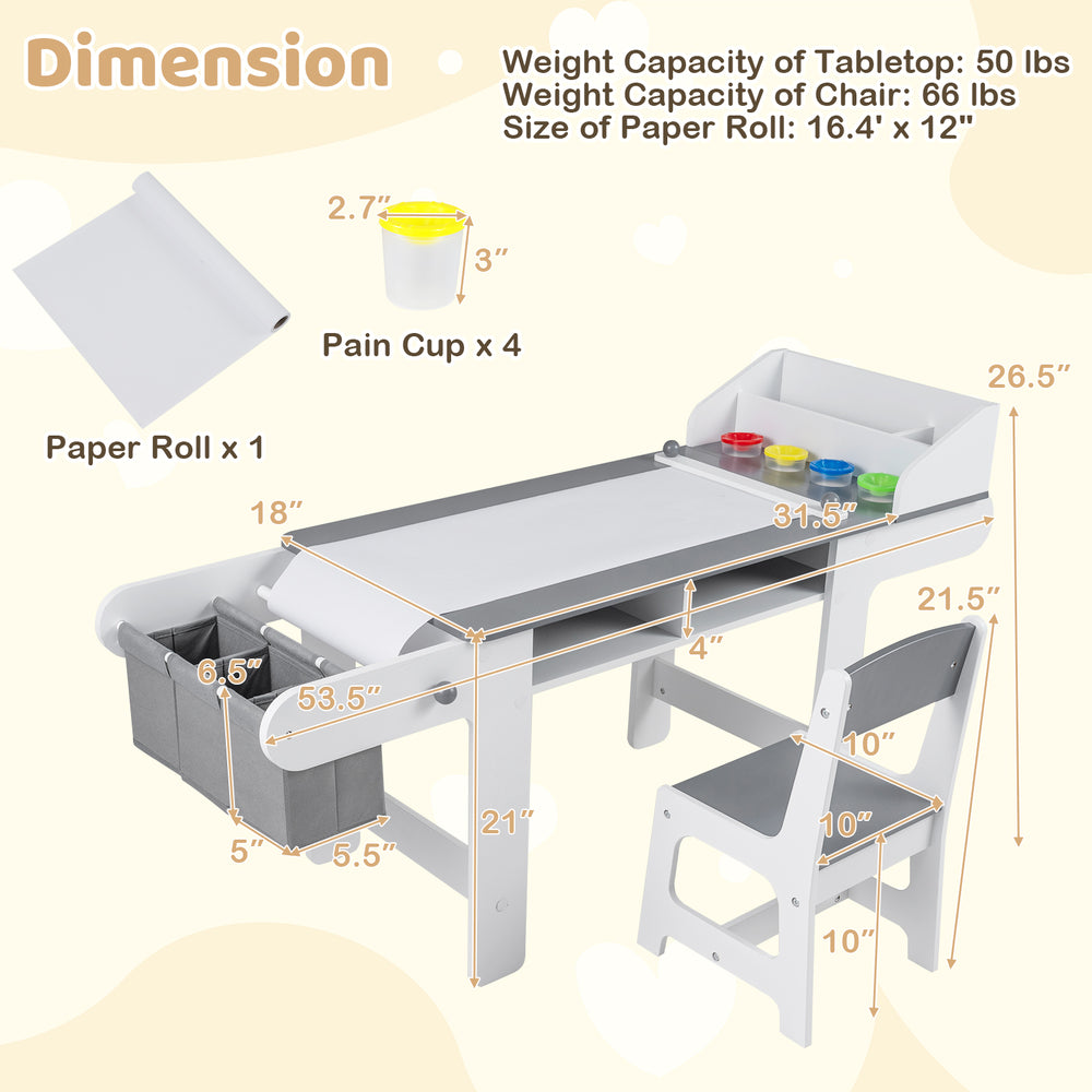 Kids art table with paper roll dispenser, gray color, includes fabric bins for storage, ideal for drawing and studying.