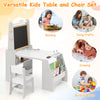 Kids art table and chair set in grey with easel, storage shelves, and accessories for drawing and reading activities.