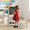 Kids art table and chair set with easel, featuring a chalkboard and whiteboard, perfect for drawing and reading.