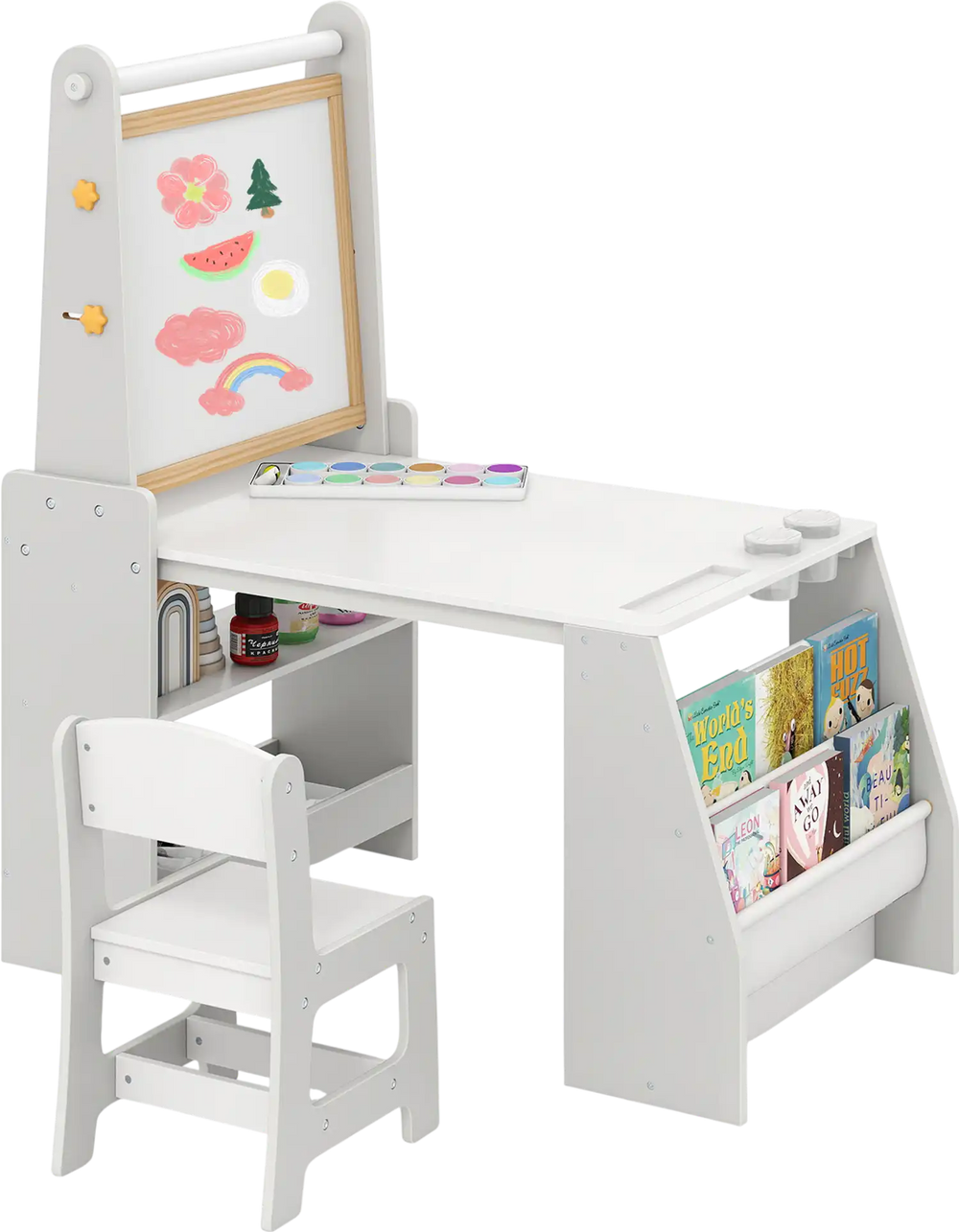 Kids art table and chair set in grey with easel, whiteboard, and storage for drawing and reading activities.