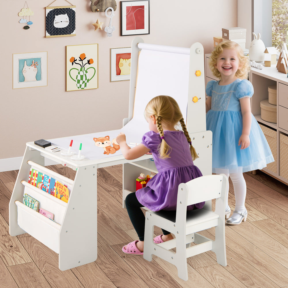 Kids art table and chair set in grey with easel, featuring a whiteboard, chalkboard, and ample storage for creative.