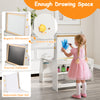 Kids art table and chair set featuring a magnetic whiteboard and chalkboard, perfect for drawing and reading activities.