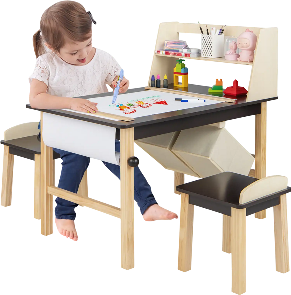Kids art table set with paper roll and storage bins, featuring sturdy pine wood legs and two comfortable chairs for.