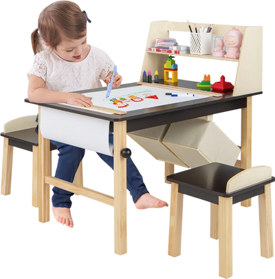 Costway Kids Art Table & Chairs Set Paper Roll Storage Bins Coffee 56723841 New