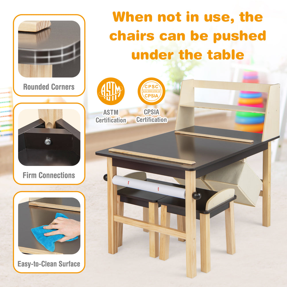 Kids art table set with two chairs, paper roll, and storage bins, featuring rounded corners for safety and easy.