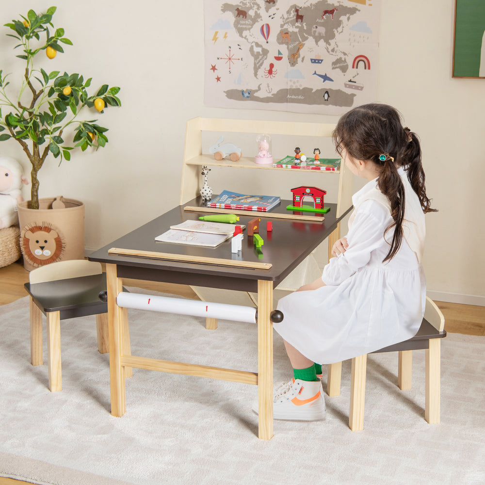 Kids art table and chairs set in coffee color with paper roll, storage bins, and sturdy pine wood legs for creative.
