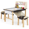 Kids art table set with paper roll, two chairs, and storage bins, perfect for drawing and creative play.