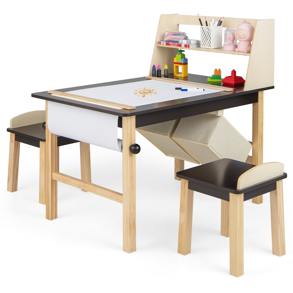 Kids art table set with paper roll, two chairs, and storage bins, perfect for drawing and creative play.