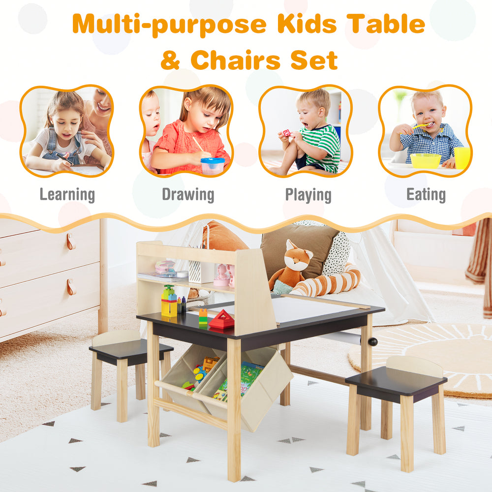 Kids art table and chairs set in coffee color with storage bins, perfect for drawing, playing, and eating.