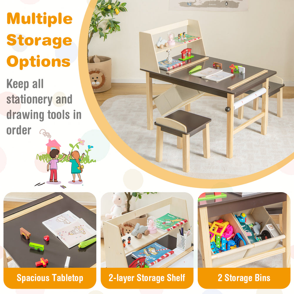 Kids art table set with spacious tabletop, storage bins, and two chairs, perfect for drawing and creative activities.