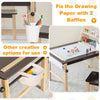 Kids art table set with paper roll, storage bins, and two chairs, perfect for drawing and creative play.