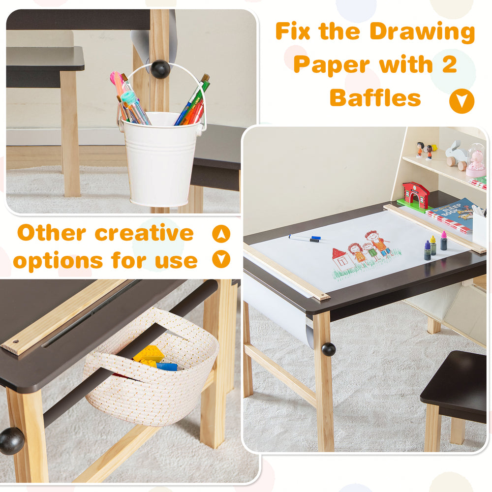 Kids art table set with paper roll, storage bins, and two chairs, perfect for drawing and creative play.