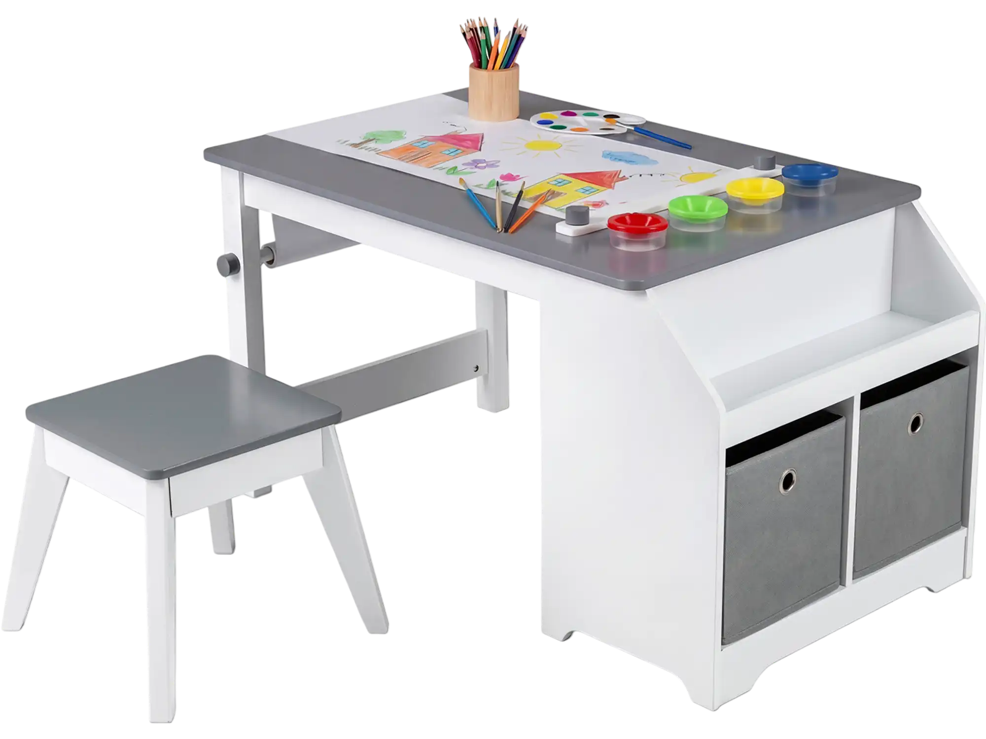 Costway Kids Art Table & Stool Set Activity Desk w/ Paper Roll & 4 Paint Cups 24844916 New