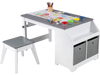 Kids art table and stool set in gray with paper roll, paint cups, and storage bins for creative play and learning.