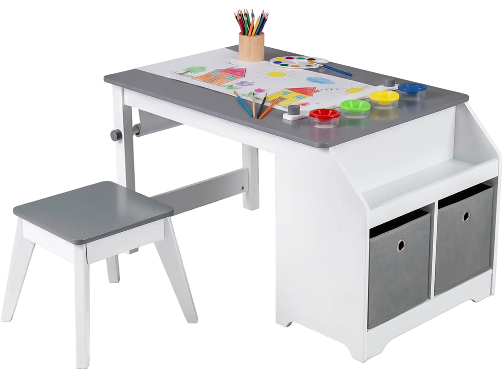 Kids art table and stool set in gray with paper roll, paint cups, and storage bins for creative play and learning.