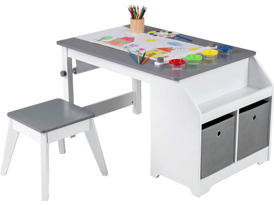Costway Kids Art Table & Stool Set Activity Desk w/ Paper Roll & 4 Paint Cups 24844916 New