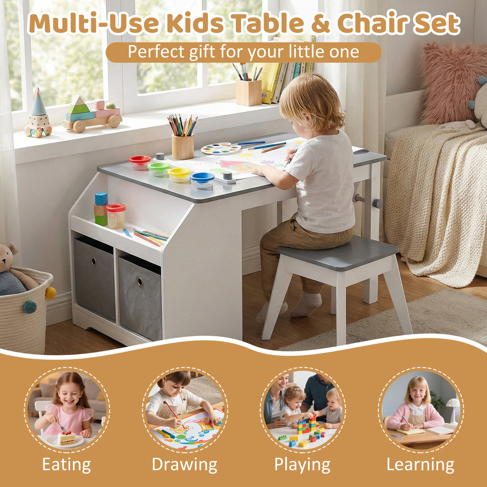 Kids art table and stool set in gray with paper roll and paint cups, perfect for drawing and learning activities.