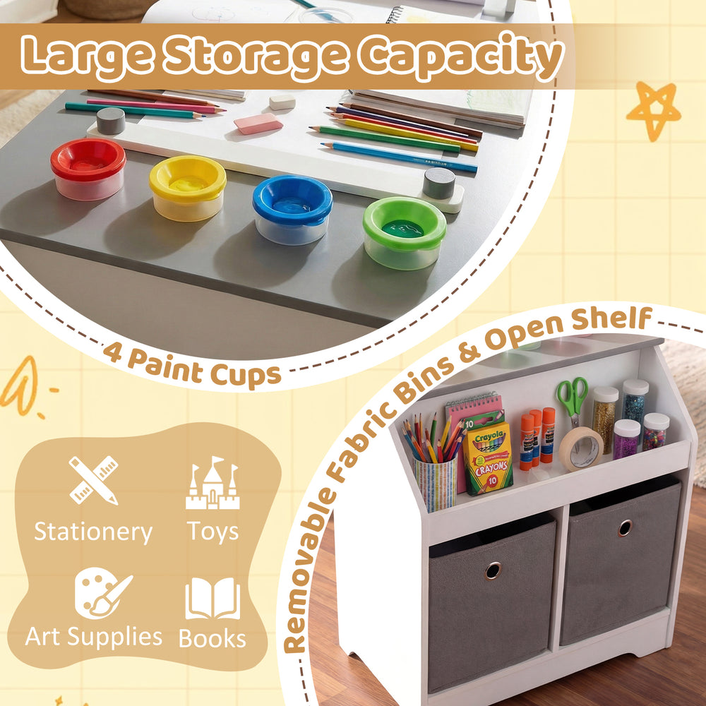 Kids art table set featuring 4 paint cups, removable bins, and open cubbies for organized storage in gray.