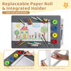 Kids art table with integrated paper roll, 4 colorful paint cups, and storage bins for creative play and learning.
