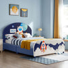 Kids upholstered platform bed with rocket design, high-density padded headboard, and sturdy wooden slats for twin.