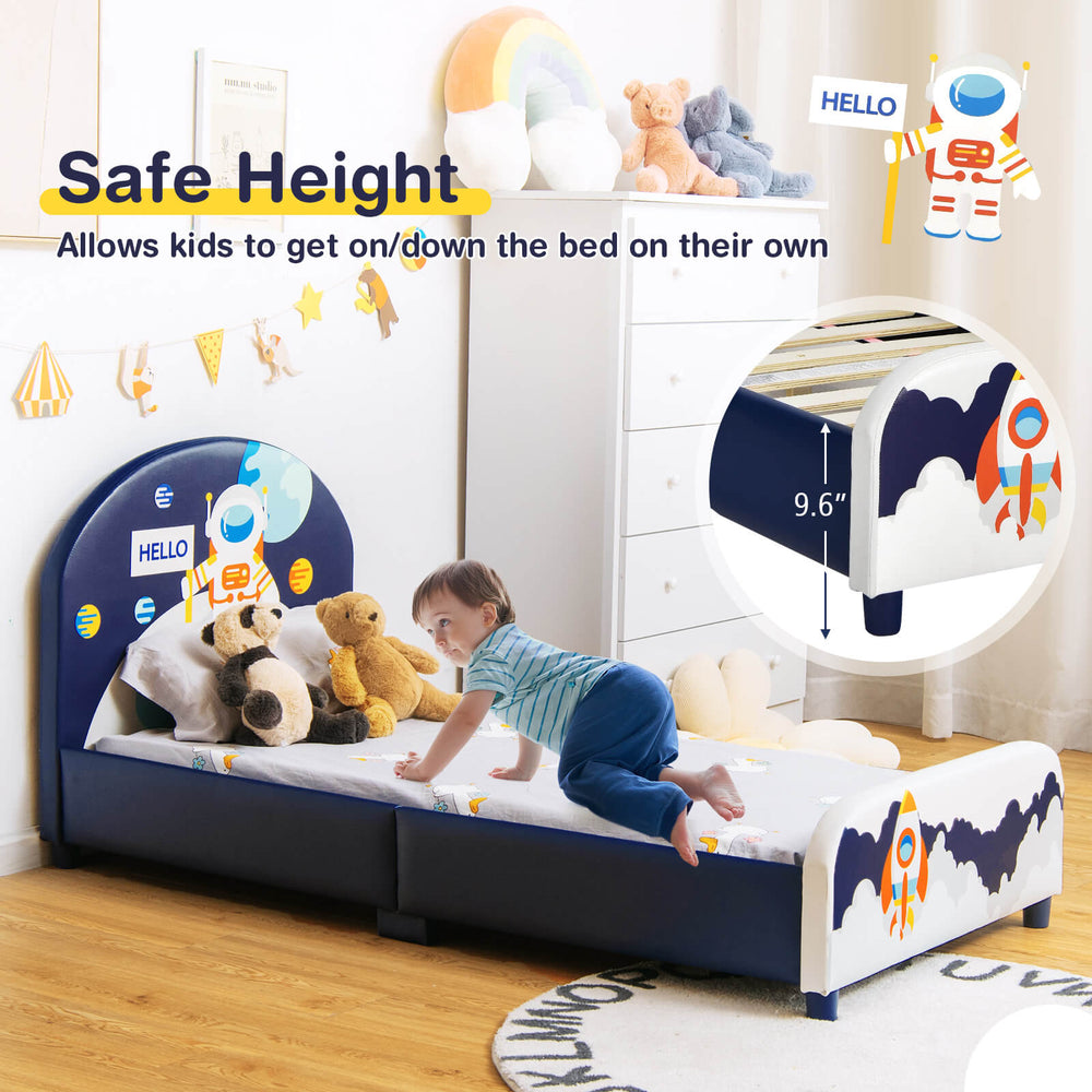 Kids upholstered platform bed with headboard and footboard, safe height for easy access, ideal for twin mattresses.
