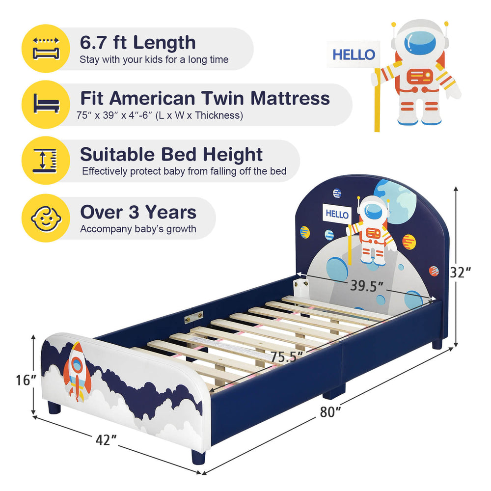 Kids upholstered platform bed with headboard and footboard, designed for twin mattresses, featuring cute space patterns.