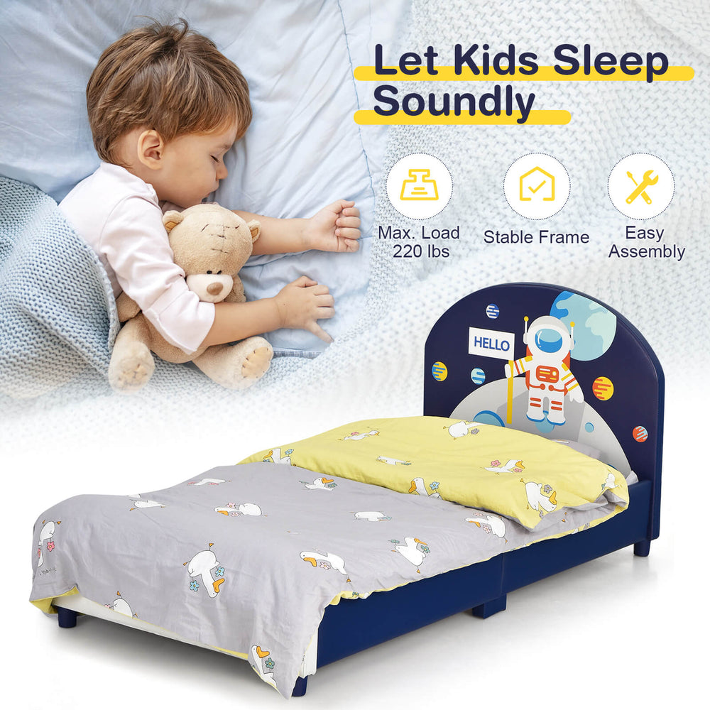 Kids upholstered platform bed with headboard and footboard, designed for twin mattresses, featuring smooth edges and.