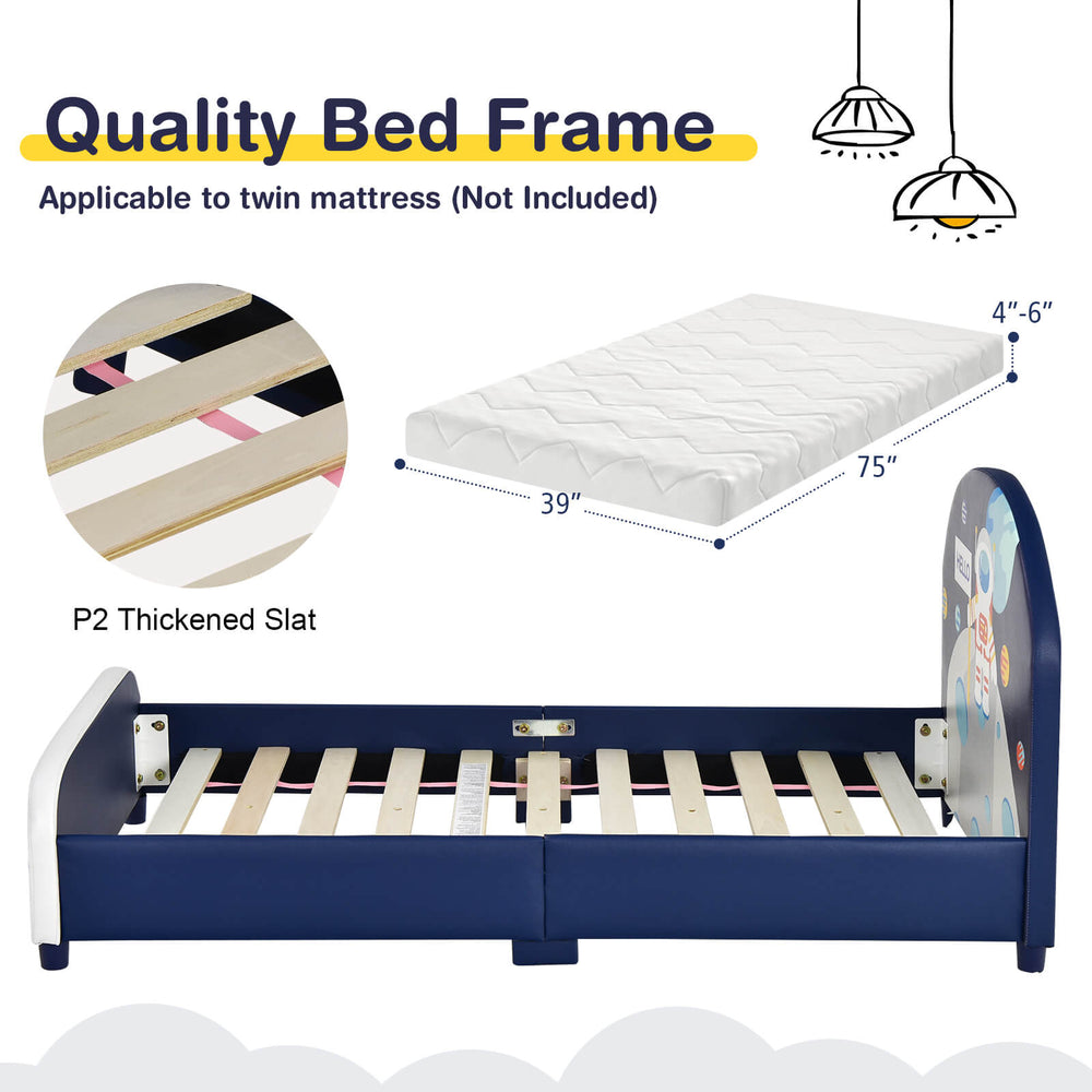 Kids upholstered platform bed frame with headboard and footboard, designed for twin mattress, featuring sturdy wooden.