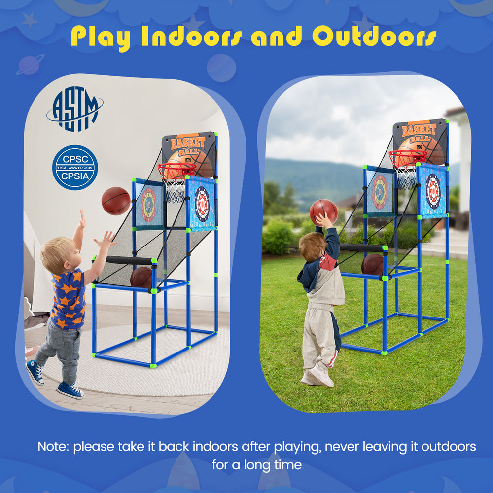 Kids basketball arcade game with electronic scoreboard, suitable for indoor and outdoor play, includes 2 basketballs.