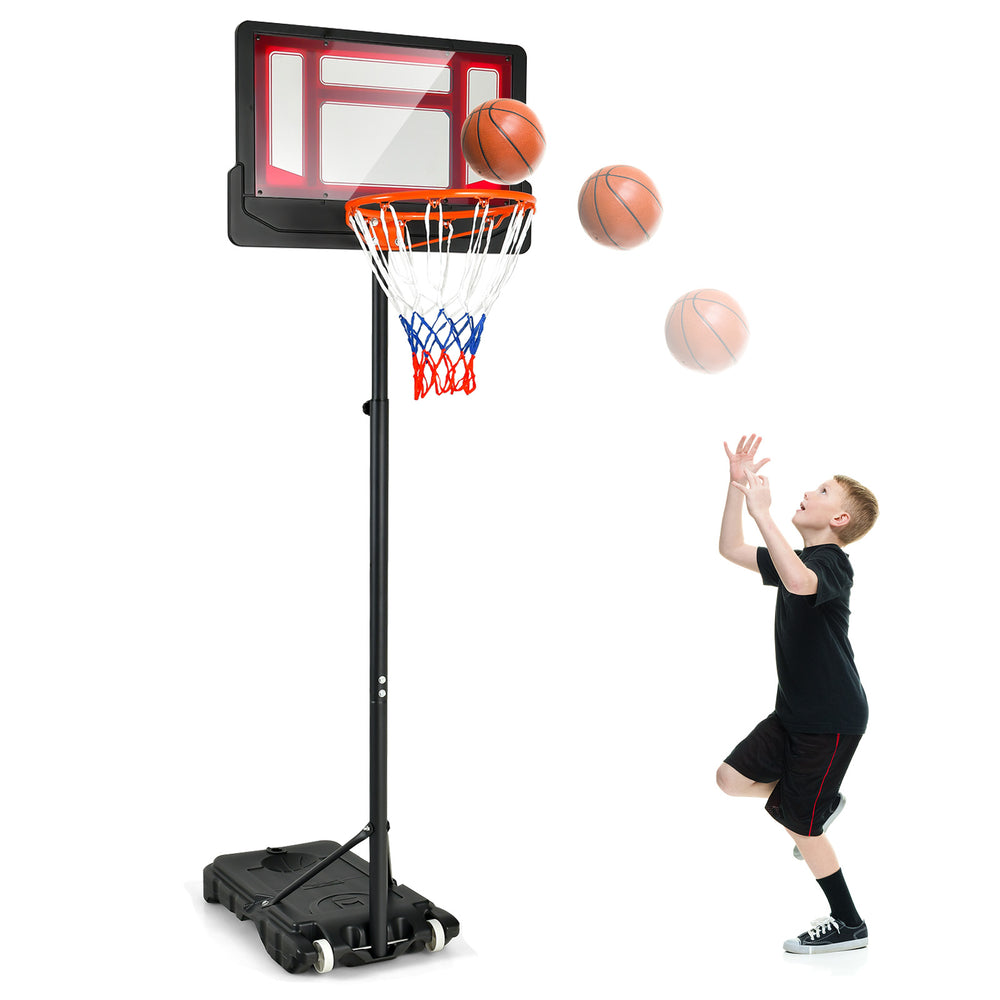 Portable basketball hoop with adjustable height from 4.3FT to 8.2FT, featuring built-in wheels for easy mobility.