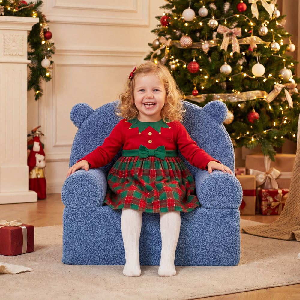 Kids bear sofa in navy with soft fleece fabric, featuring a cozy design, perfect for living rooms or playrooms.