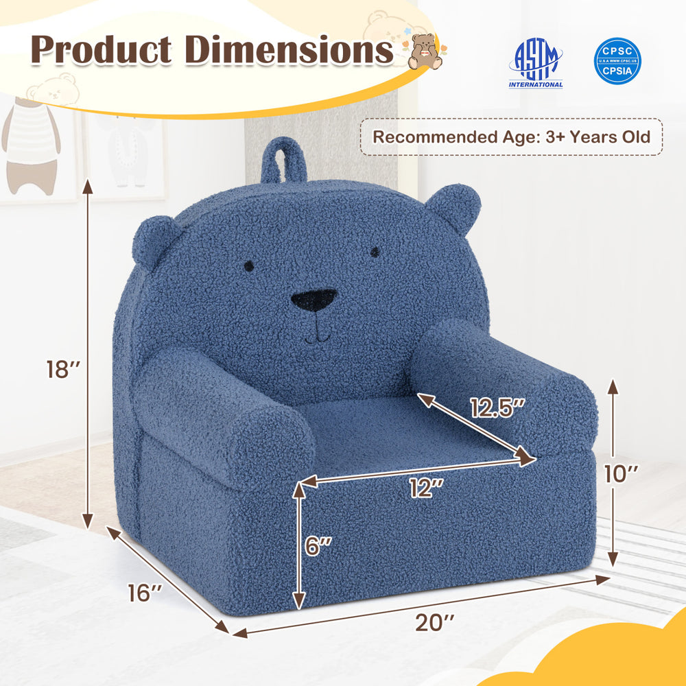 Kids bear sofa in navy with soft fleece fabric, cozy armrests, and backrest, perfect for playrooms and bedrooms.