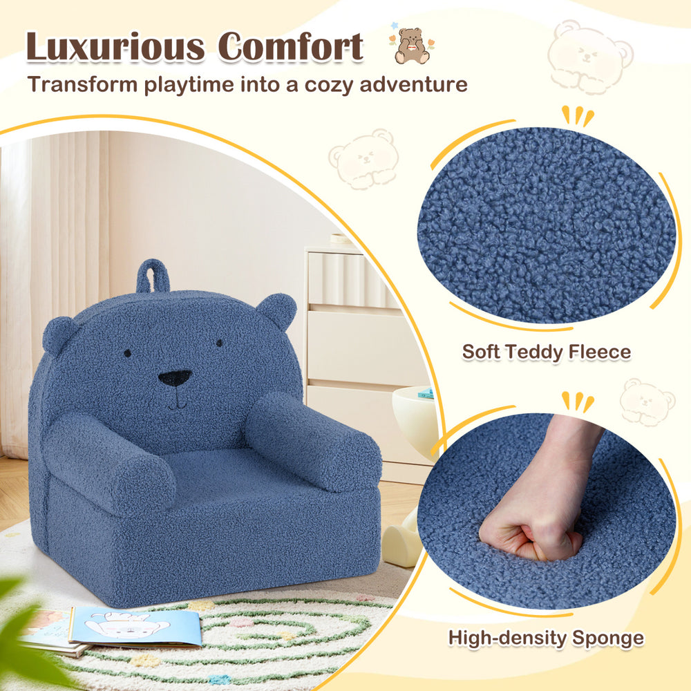 Kids bear sofa in navy with soft teddy fleece fabric, featuring cozy armrests and backrest for comfortable playtime.