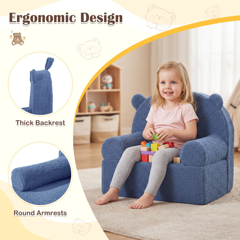 Kids bear sofa in navy with soft fleece fabric, featuring a cozy backrest and round armrests for toddler comfort.