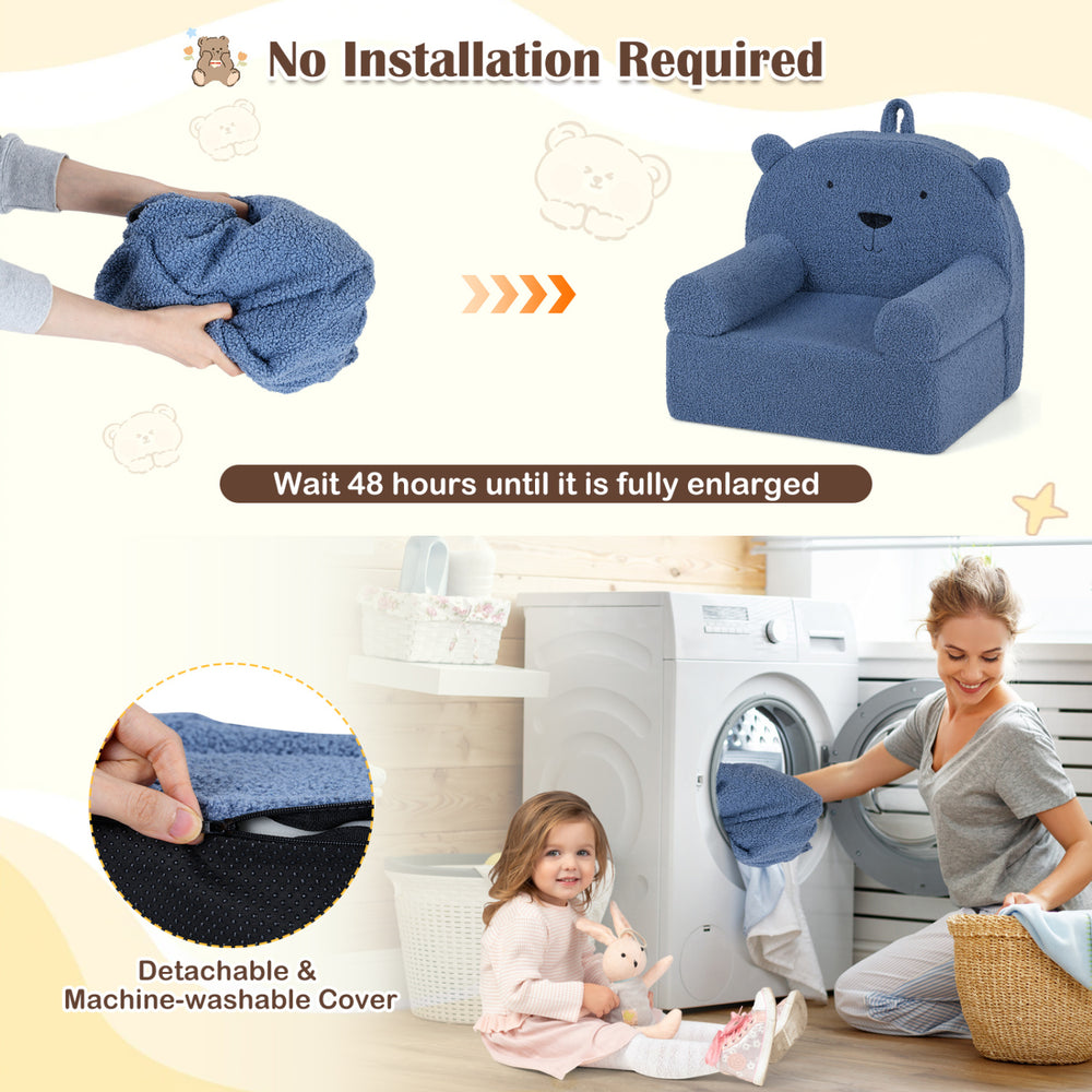 Kids bear sofa in navy with soft fleece cover, featuring a cozy design and removable, machine-washable cover for easy.