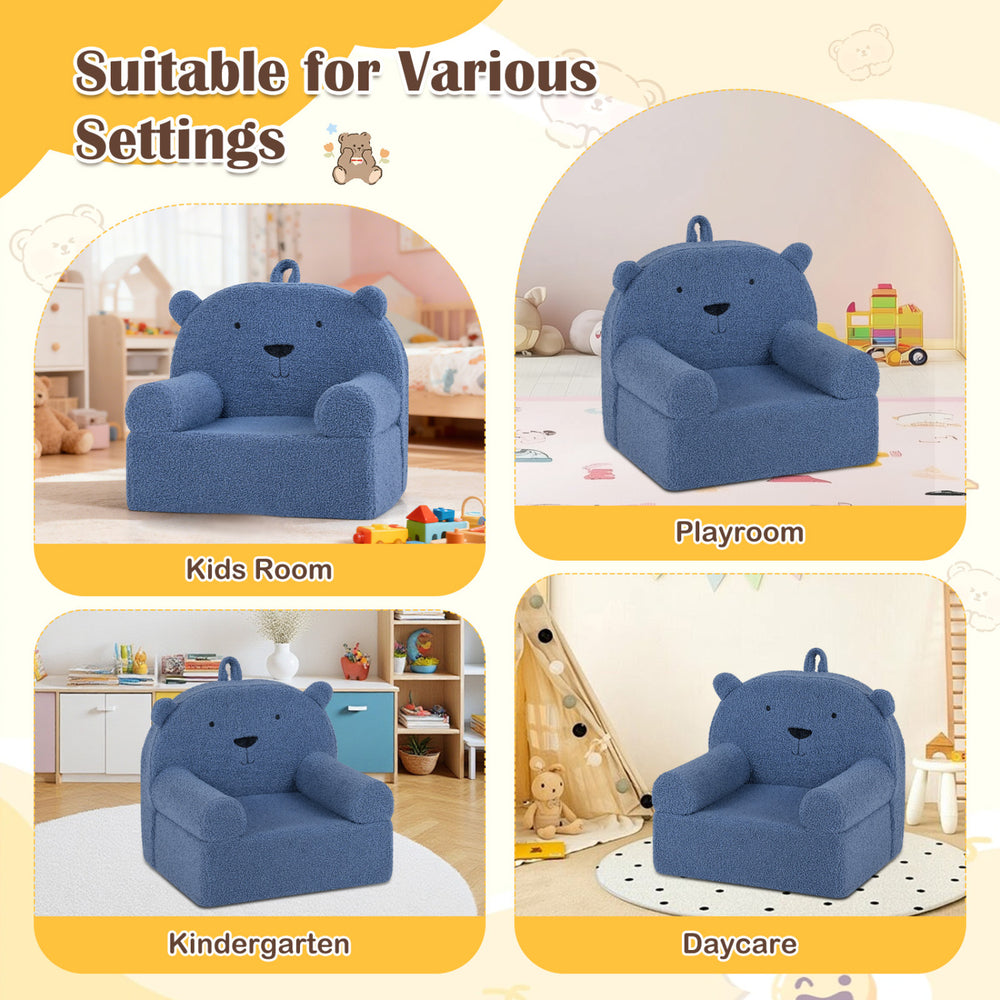 Navy kids bear sofa with soft fleece fabric, cozy backrest, perfect for playrooms and toddler relaxation.