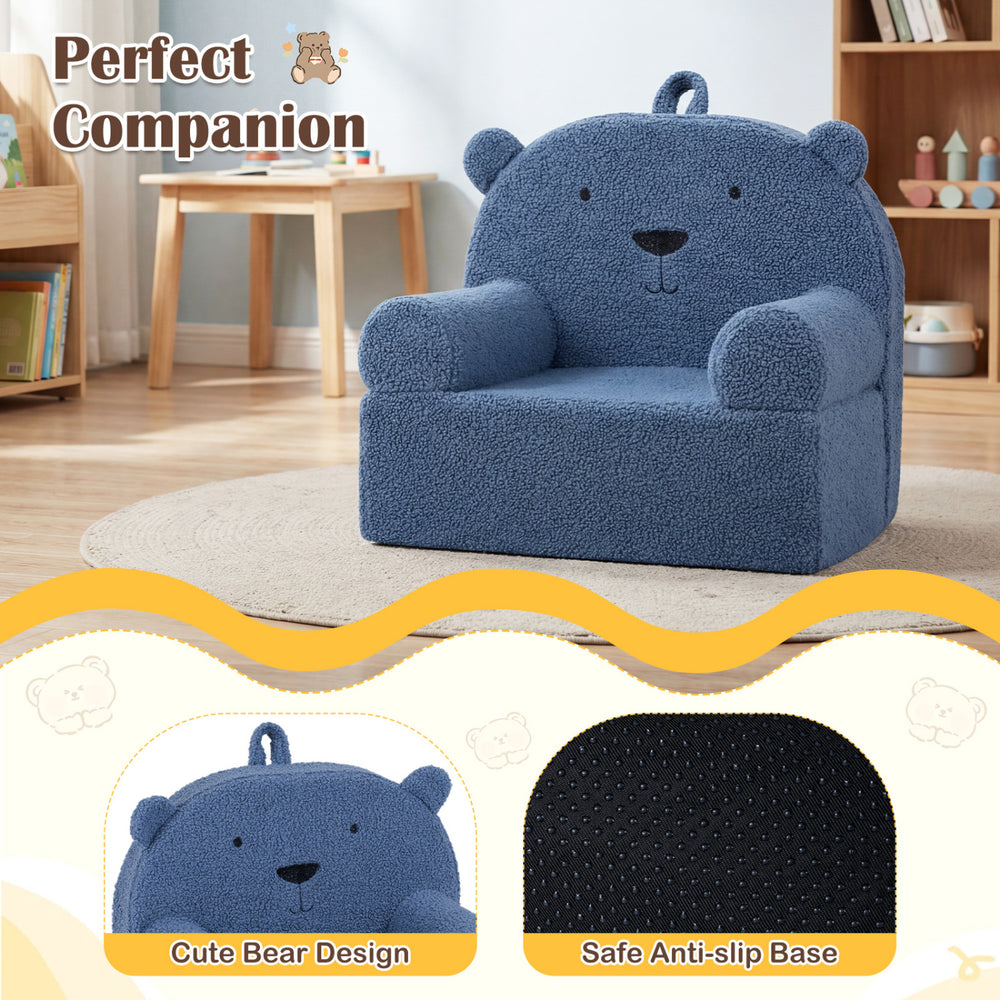 Kids bear sofa in navy with soft fleece fabric, cozy backrest, and anti-slip base, perfect for toddlers' playrooms.