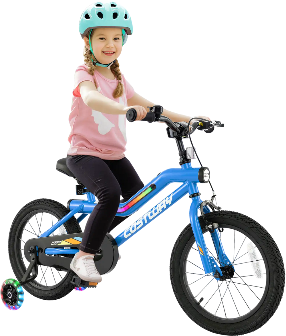 16-inch kids bike in blue with training wheels, LED lights, and adjustable seat for ages 4-7, perfect for outdoor fun.
