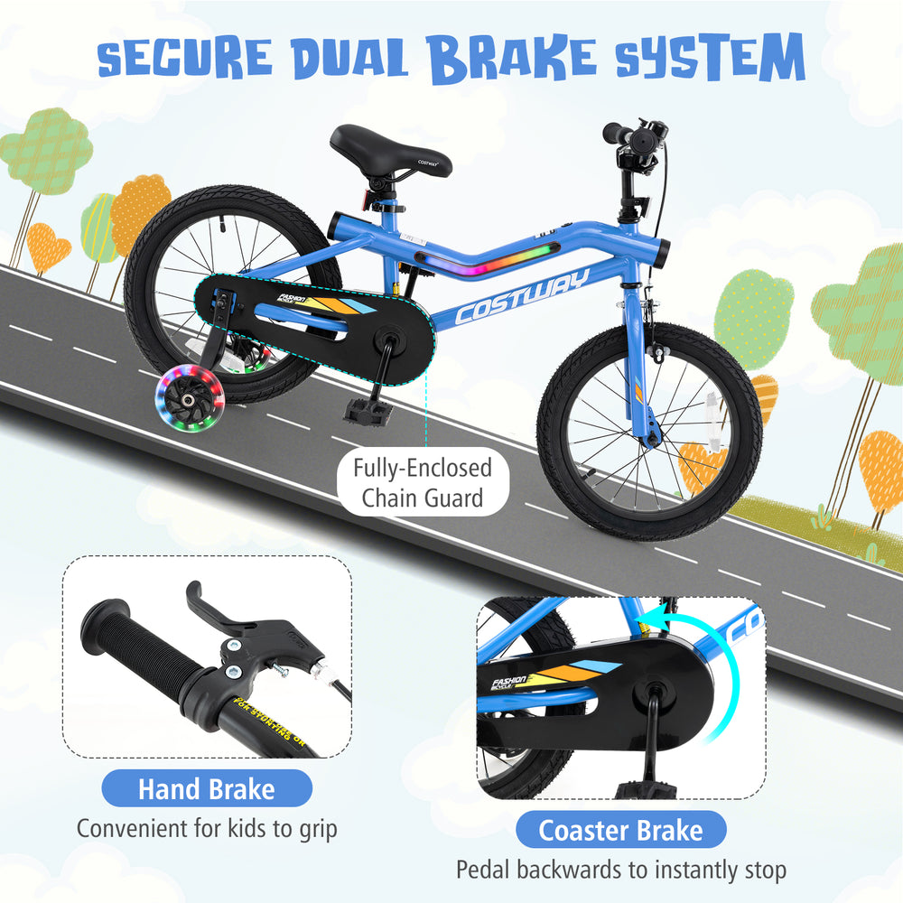 16-inch kids bike with adjustable seat, hand brake, coaster brake, and LED lights for safe and fun riding.