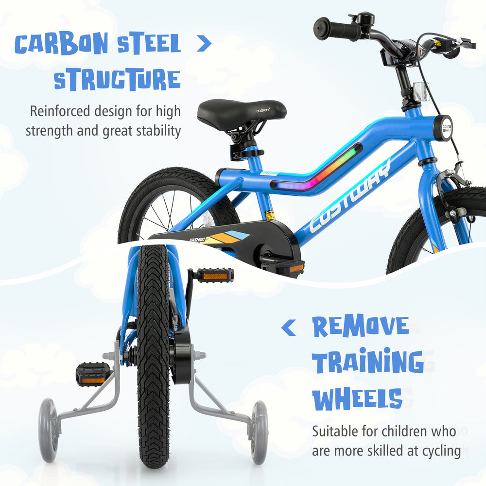 16-inch kids bike with carbon steel structure, adjustable seat, and training wheels, perfect for children aged 4-7.
