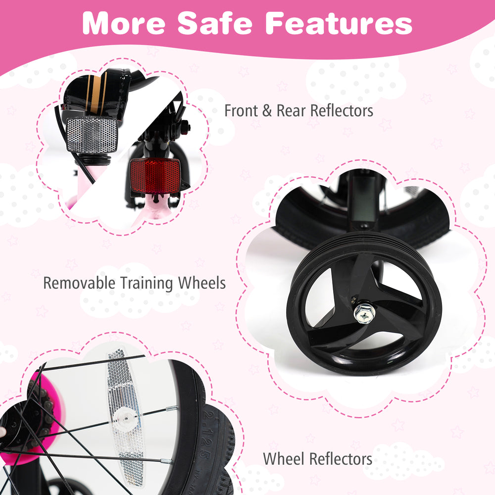 Detail of the kids bike's removable training wheels and reflectors for enhanced safety and visibility in pink color.