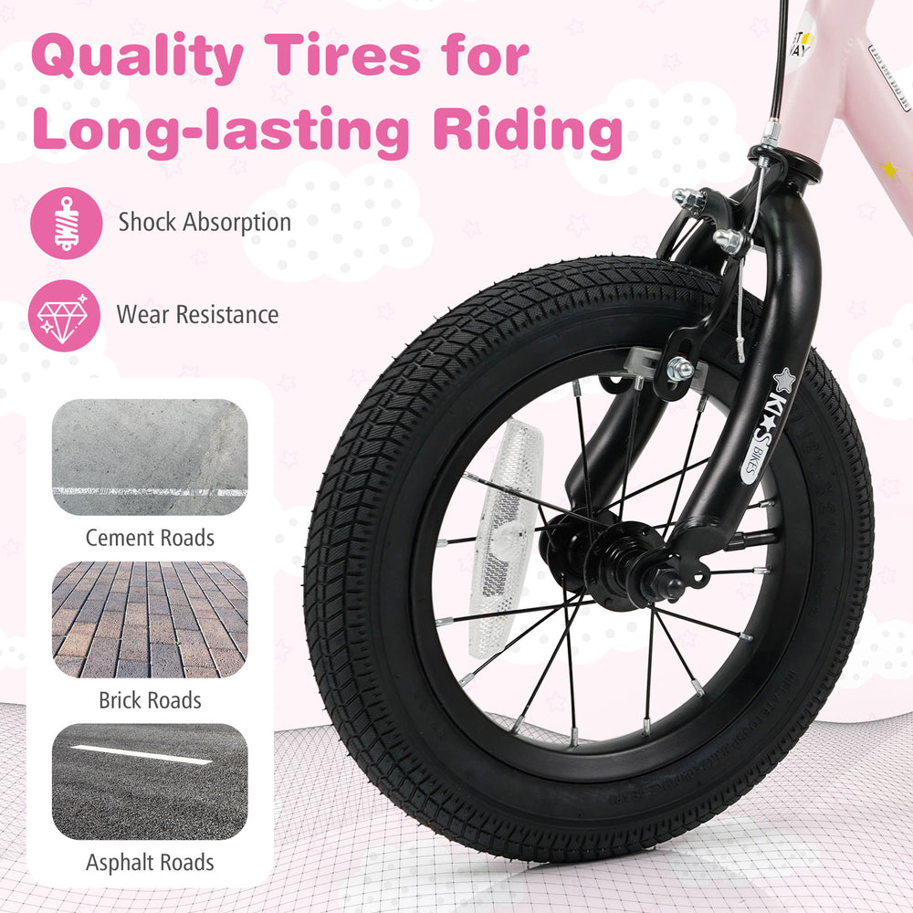 Quality 12-inch pink kids bike tire showcasing wear resistance and shock absorption for safe riding on various surfaces.