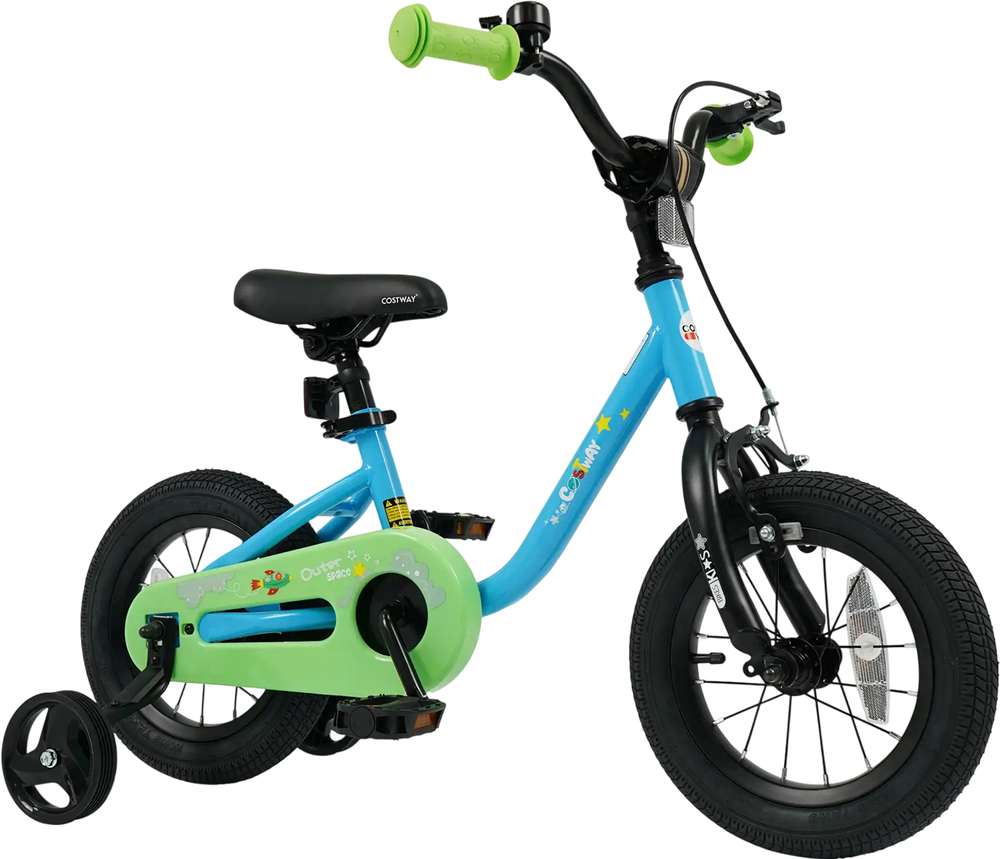 Blue kids bike with 12-inch wheels, dual brake system, detachable training wheels, and ergonomic seat for ages 3-7.