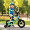 Kids bike in blue with training wheels, designed for ages 3-7, featuring a safe chain guard and dual brake system.