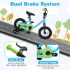 Kids bike with dual brake system, 12-inch blue frame, and detachable training wheels for safe riding and balance.