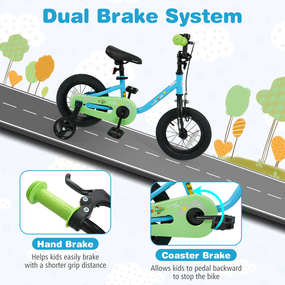Kids bike with dual brake system, 12-inch blue frame, and detachable training wheels for safe riding and balance.