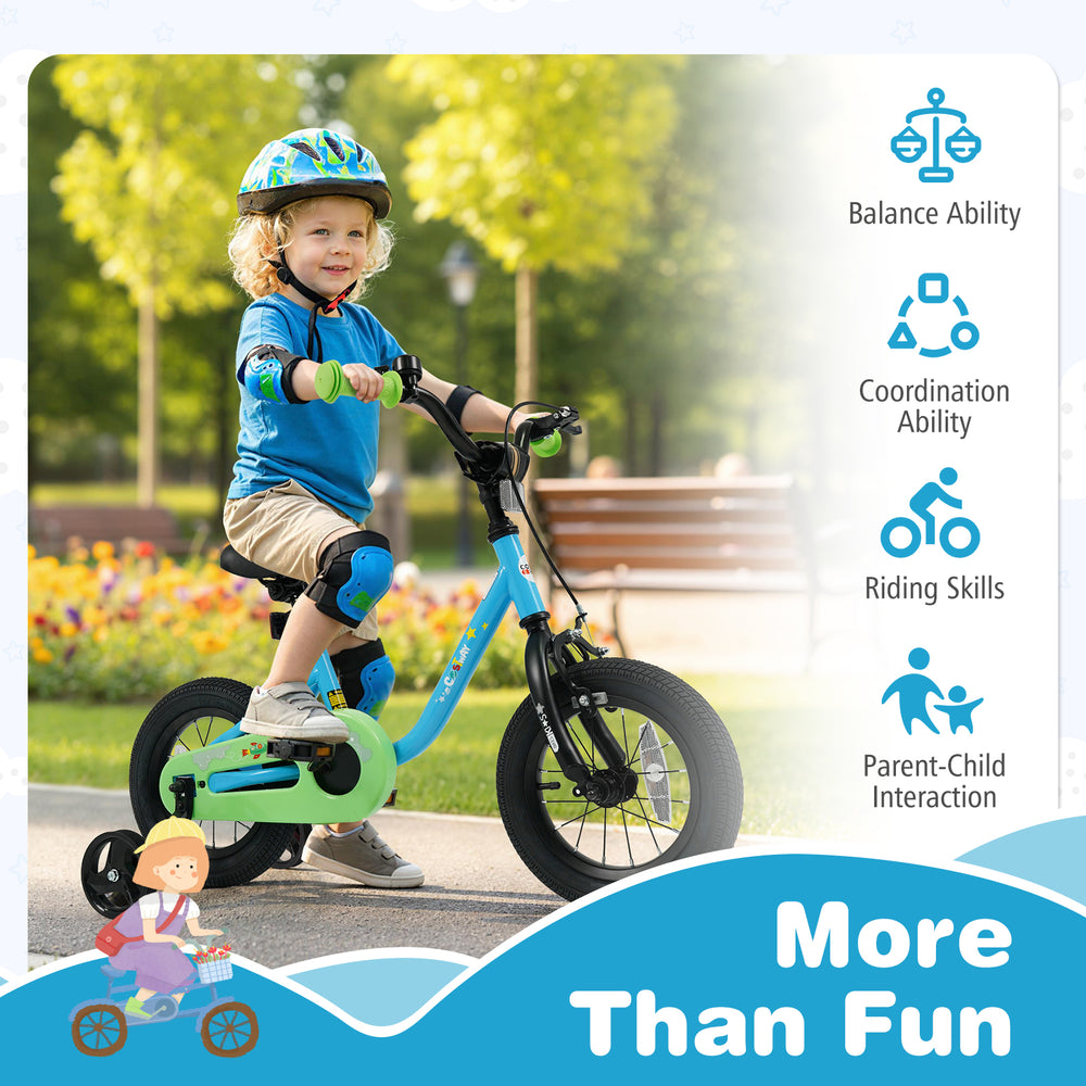 Kids bike in blue for ages 3-7 with training wheels, dual brakes, and safety features for fun outdoor riding.