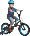 Kids bike with adjustable handlebar and saddle, featuring a black frame and blue accents, ideal for outdoor riding.